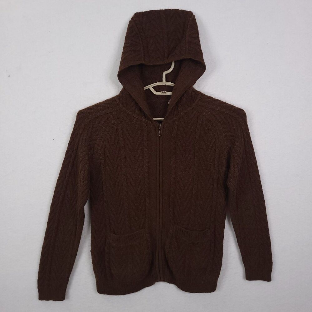 BABY ALPACA AND SILK Brown Hooded Cable-Knit Zip Cardigan Sweater